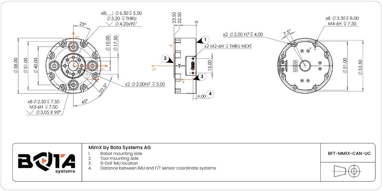 MimX Gen A 6 axis F/T sensor drawing